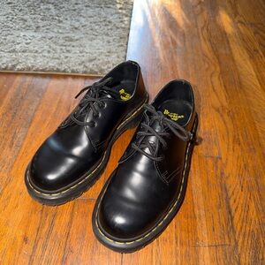 Dr. Martens Black Leather 3-Eye Oxford Shoes with Yellow Stitching